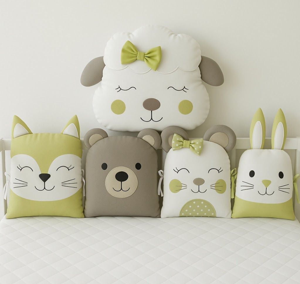 Mantinel MimiMe Green Meadow s motivem ovečky, lištičky, medvídka, myšky a zajíčka v kombinaci zelené, vanilkové a hnědé.