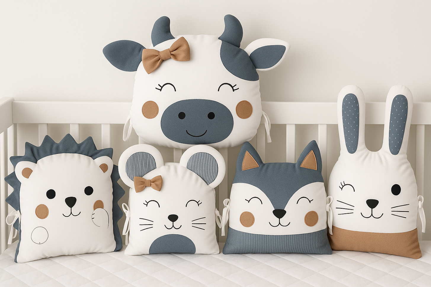 Mantinel MimiMe Nordic Farm se zvířátky – kravičkou, ježečkem, myškou, liškou a zajíčkem v modrošedé a karamelové.