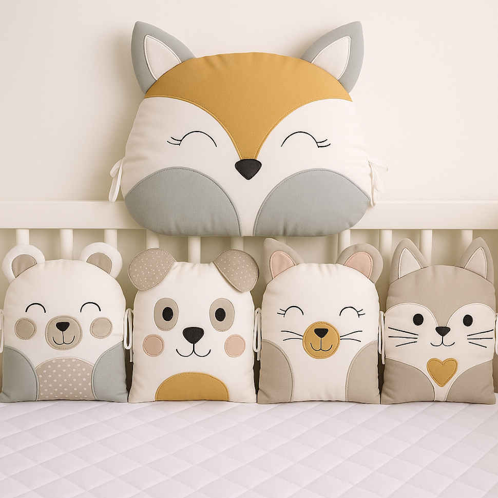 Mantinel MimiMe Warm Forest Friends – liška, medvídek, pejsek, myška a vlček v tlumených hřejivých tónech.