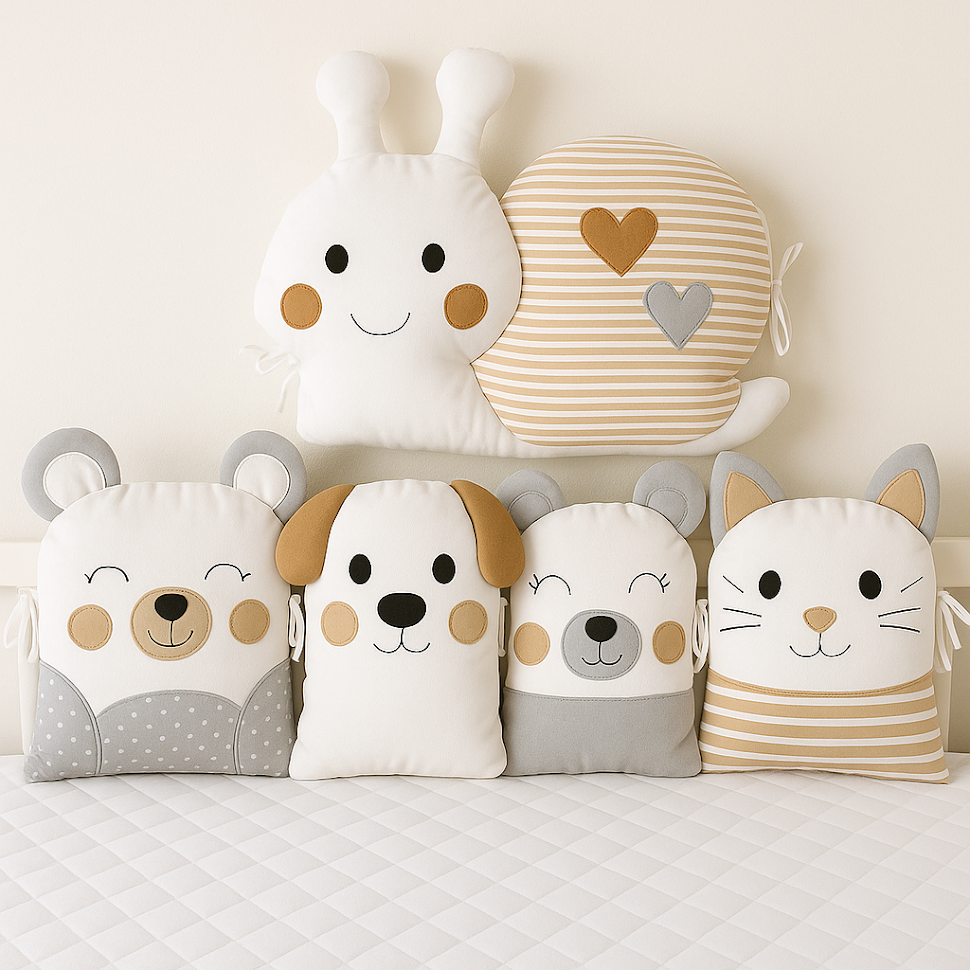 Mantinel MimiMe Caramel Stripes & Friends – pět zvířátek a velký šnek v karamelově-šedé barevnosti.