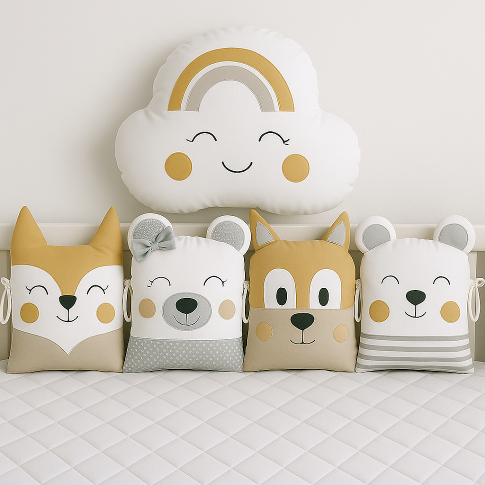 Mantinel MimiMe Golden Cloud Friends se zvířátky a velkým mráčkem s duhou ve zlatavých a šedých tónech.