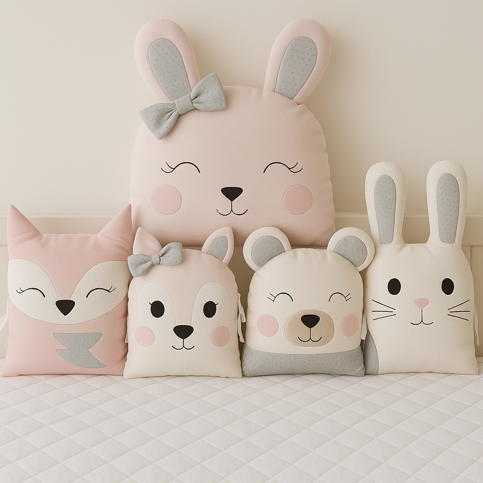 Mantinel MimiMe Blush Bunny Friends v kombinaci růžové, bílé a šedé se zajíčkem, lištičkou, srnečkou a medvídkem.