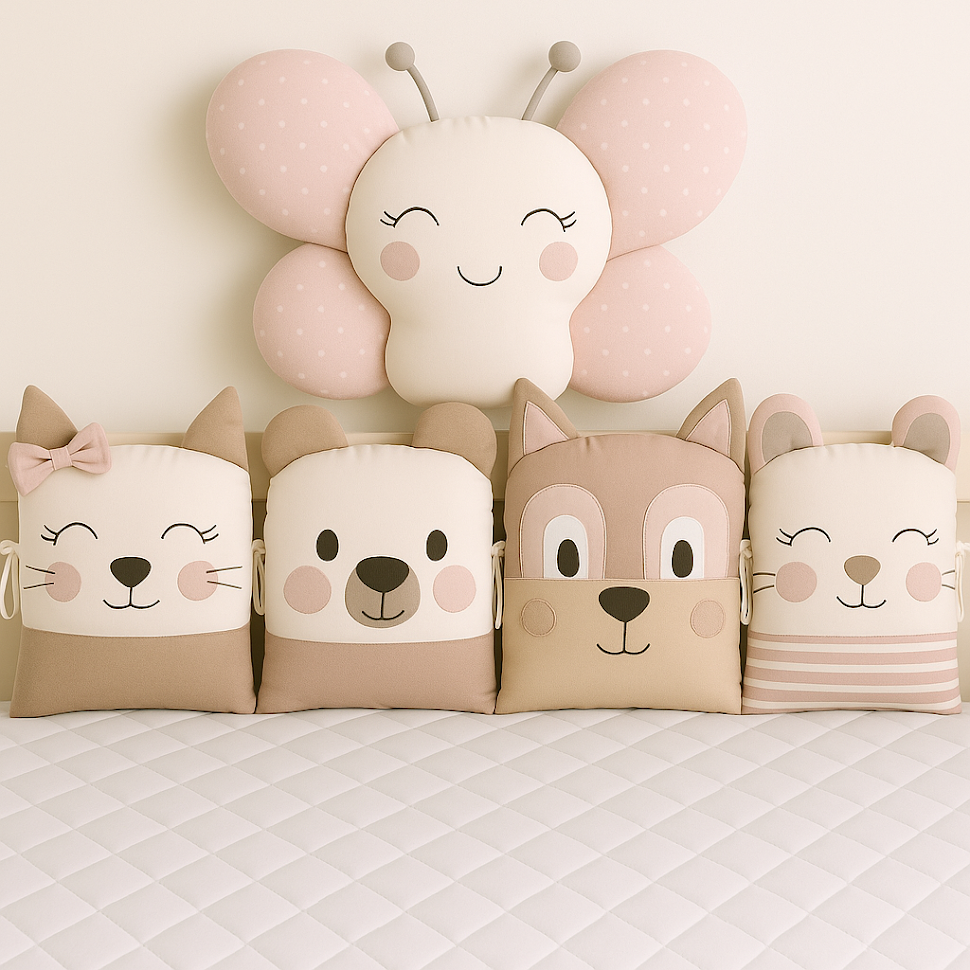 Mantinel MimiMe Butterfly Blush Friends s motýlkem, kočičkou, medvídkem, srnečkou a myškou v jemných růžových a béžových tónech.