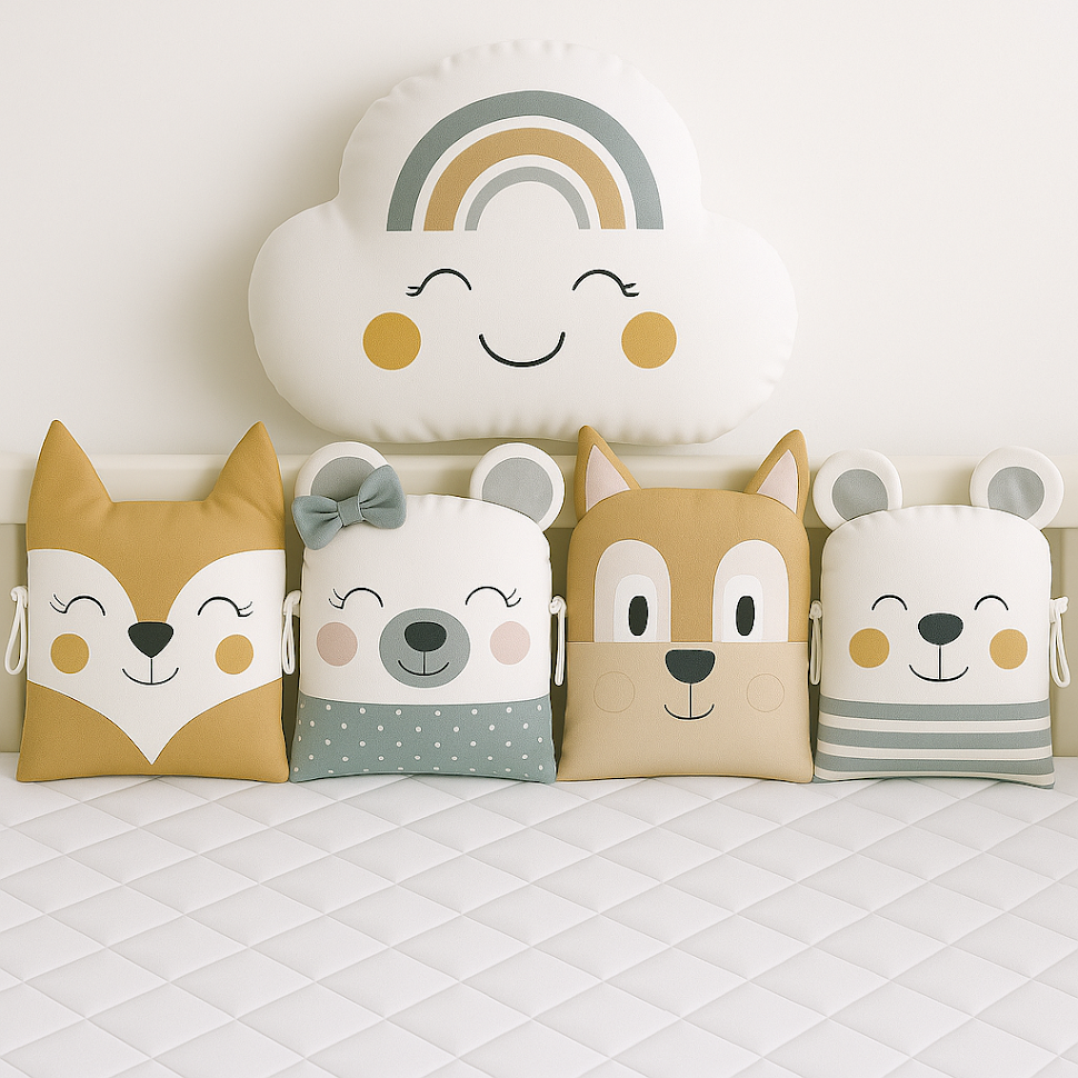 Mantinel MimiMe Rainbow Forest Friends s obláčkem a čtyřmi zvířátky v hořčicové, šedé a krémové kombinaci.