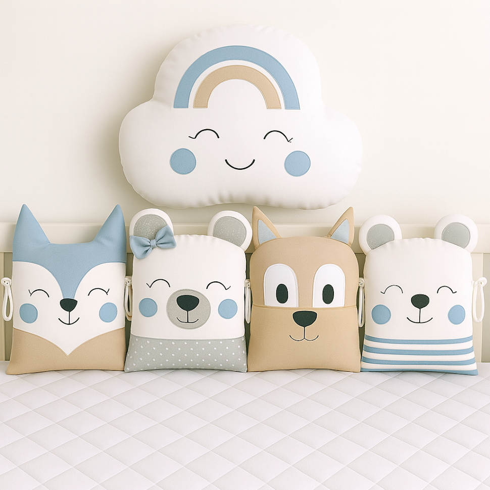 Mantinel MimiMe Blue Rainbow Friends s obláčkem a čtyřmi zvířátky v modro-béžové kombinaci.