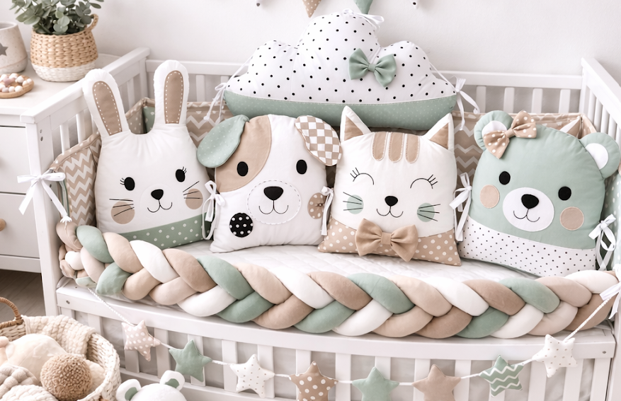 Prémiový set do postýlky: Pletený mantinel & 5dílný set zvířátkových polštářků – Mentol & Latte