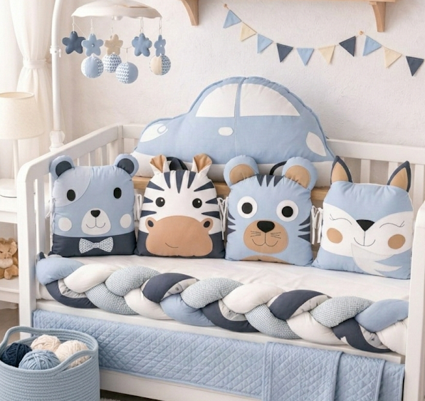 Mantinel do postýlky zvířátka 5 dílů 180 cm | Modrá kolekce pro klidný spánek