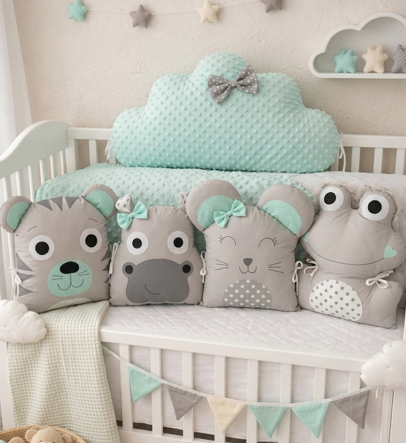 Mantinel do postýlky Zvířátka – kolekce Mintové pohlazení | 5 dílů | 180 cm