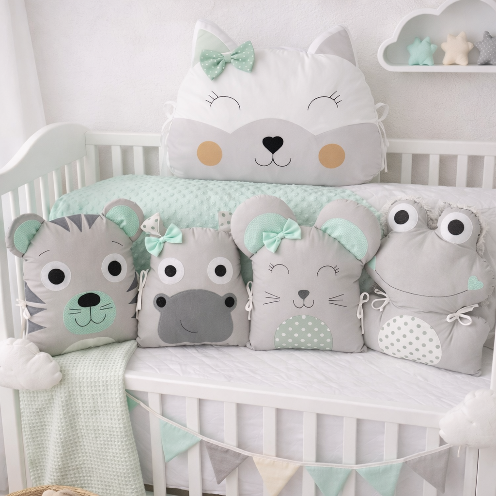 Mantinel do postýlky Zvířátka MimiMe – kolekce Mintová pohádka | 5 dílů | 180 cm