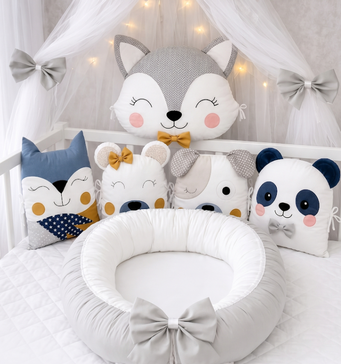 Set do postýlky Lištička a panda – šedo-modrá výbavička pro miminko